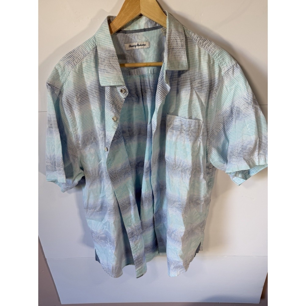 Tommy Bahama‎ Shirt Mens XLT Blue Aqua Stripe Short Sleeve Camp Button Up